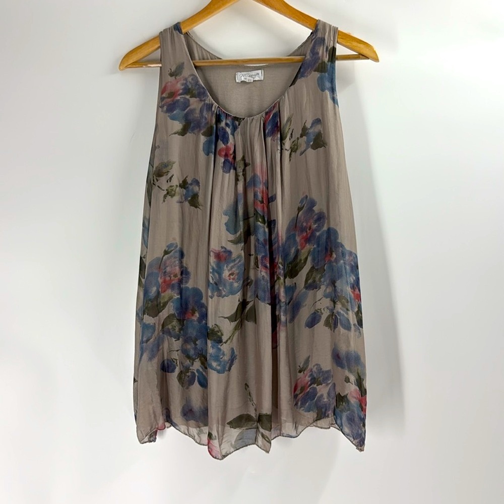 H Trend Silk overlay sleeveless top artsy muted romantic florals made in Italy